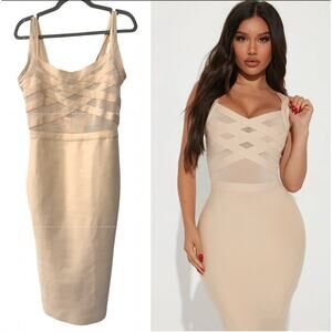 NWT! Fashion Nova L Cassidy Bandage Midi Dress Sheer Bodycon Sexy Nude Cream
